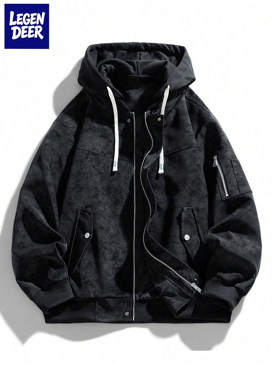 Chaqueta de cuero de motocicleta con capucha, corte holgado para hombre, nuevo diseño de otoño/invierno - Negro - Ver 1
