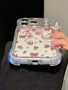 Fashion Floral Pattern Cute Transparent Shockproof Phone Case, Bow Design, Simple Spring Versatile, Suitable For Daily Use, Raised Edge Anti-Scratch Protective Cover, Compatible With IPhone17/17Pro/17ProMax/16/16Pro/16ProMax/15/15Pro/15ProMax/14/13/12/11 - Pink - View 4