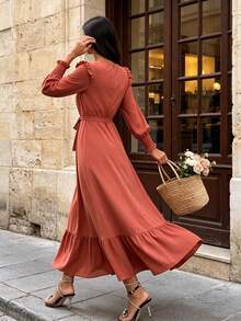 Joyfunear Women's Solid Color Round Neck Long Sleeve Ruffle Hem Dress - Coral Orange - View 7