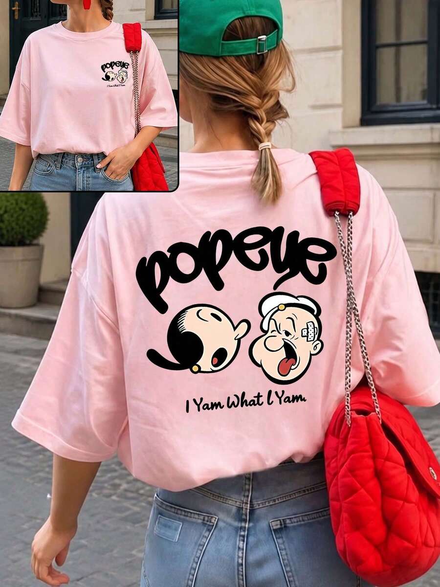 ZZG Es Trus Top d'été pour femme, imprimé motif << dessin animé lettre », style street Y2K, rose, col rond, grande taille, t-shirt à manches courtes - Rose bonbon - Voir 1