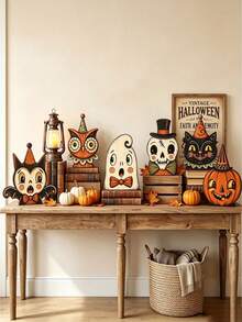 Decoración de Halloween Vintage para Interiores, Estantería de Bloque de Madera Retro, Fantasma Lindo, Calabaza, Gato Negro, Esqueleto, Búho Bruja, Regalo de Inauguración de Casa - Ver 2