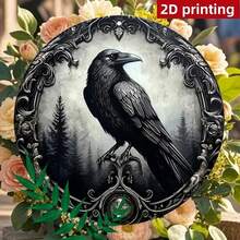 1pc 2D Flat Gothic Style Black Bird Round Iron Decor, Dark Forest Plaque With Mysterious Atmosphere, 8x8 Inches, Suitable For Home, Farmhouse, Garage, Bar, Store Wall Or Door Decoration, Pre-Drilled Holes, Style As Shown In Size Chart - Multicolor - View 6