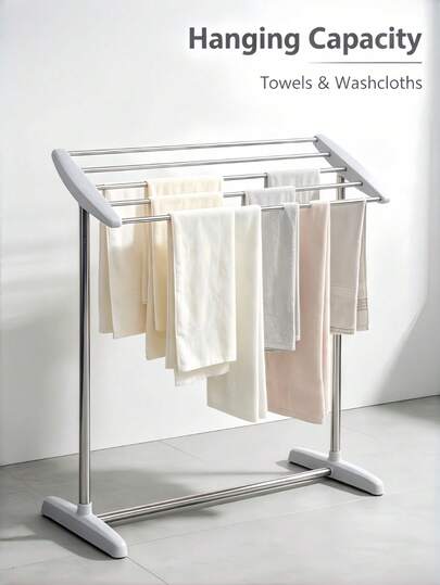 62*36*70cm Multifunctional Freestanding Towel Drying Rack, Modern Minimalist Silver & White Rectangular Frame Rack With Multi-Bar Layered Design, For Bathroom, Balcony & Laundry Room