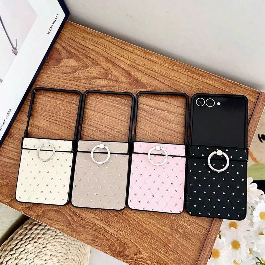 Casing Ponsel Gesper Cincin Belah Ketupat Bertabur Berlian Kompatibel dengan Galaxy Z Flip3/Flip4/Flip5/Flip6/8 Layar Lipat Pelindung Anti Jatuh Cakupan Penuh - Berwarna merah muda - View 1
