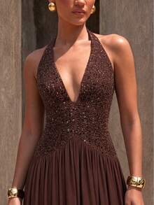 UNITHORSE [Random Cut] Halter Tie-Up Backless Waist Cinched Sequin Patchwork Chiffon Evening Dress - Coffee Brown - View 4