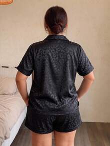 2pcs Plus Size Satin Leopard Print Short Sleeve Collared Top And Bow Shorts Women's Pajama Set Loungewear - Black - View 2