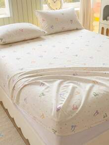 3-Piece Colorful Bow & Small Heart Print Fitted Sheet Set, Soft Skin-Friendly Bedding Set With Pillowcases - Multicolor - View 1