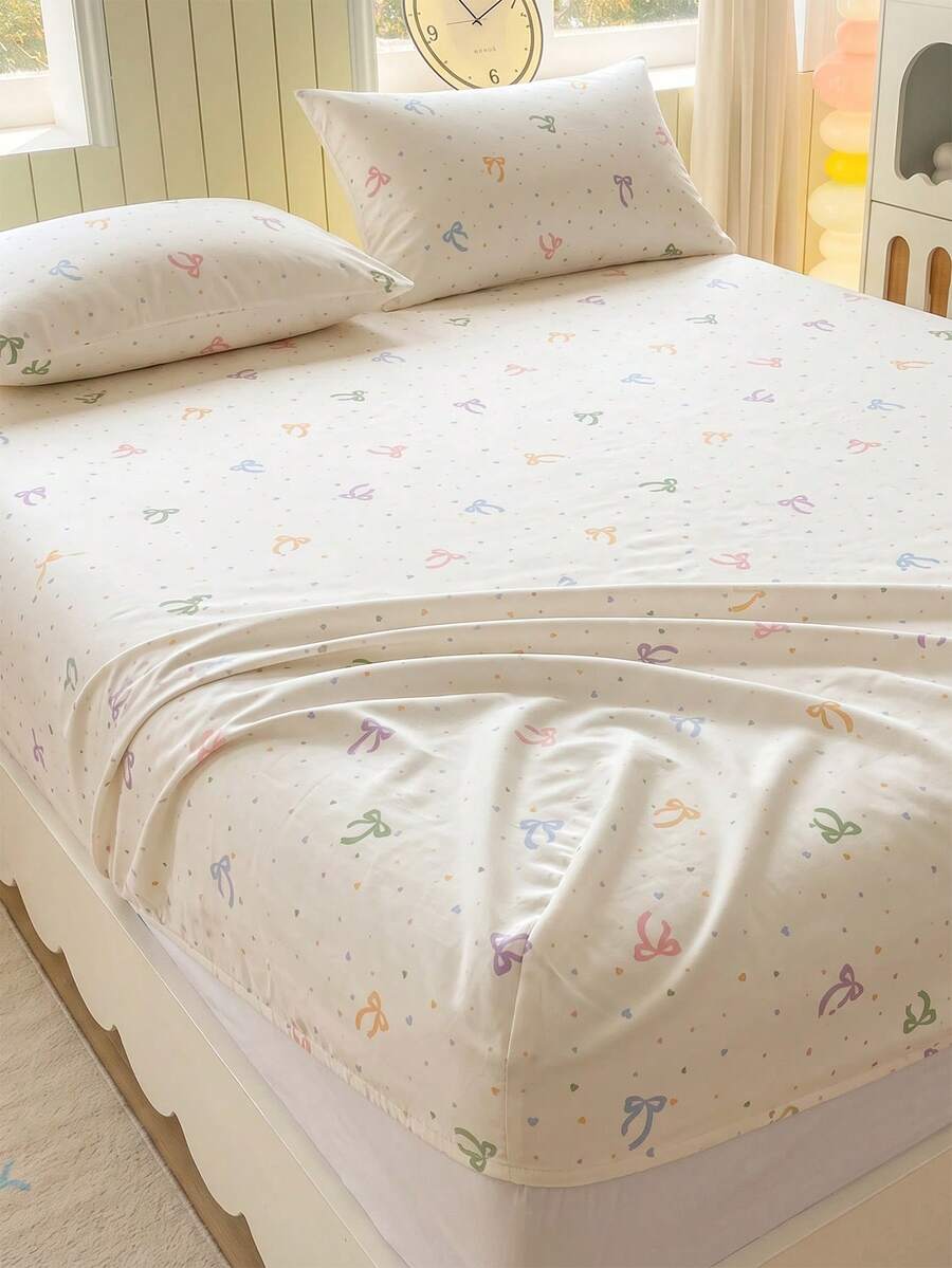 3-Piece Colorful Bow & Small Heart Print Fitted Sheet Set, Soft Skin-Friendly Bedding Set With Pillowcases - Multicolor - View 1