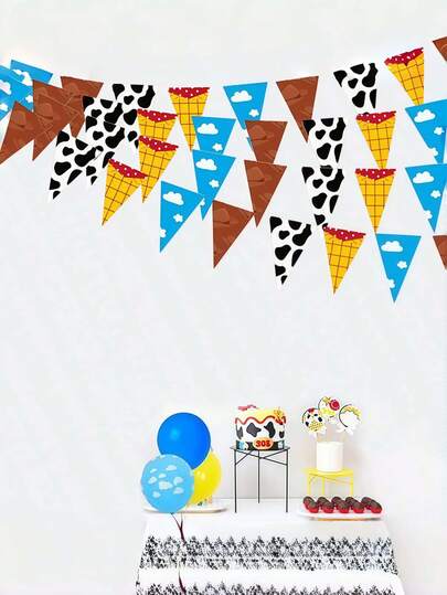 Pancarta de Fiesta de Historia de Dibujos Animados, Bandera de Nube Azul & Estampado de Vaca para Decoración de Cumpleaños