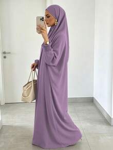 Solid Color Loose One-Piece Hijab Long Robe, Elastic Ribbed Cuffs Wide Sleeve Elegant Jilbab Robe, Muslim Women Daily Prayer Casual Outfit - Multicolor - View 4