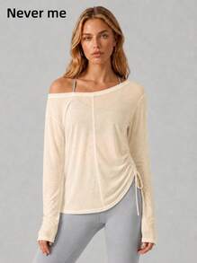Never me Women's Sport Top Side Ruched Lightweight Loose Breathable Pilates Long Sleeve T-Shirt Comfortable Daily Workout Yoga Wear Reversible - White - View 1