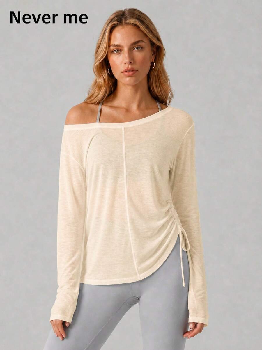 Never me Women's Sport Top Side Ruched Lightweight Loose Breathable Pilates Long Sleeve T-Shirt Comfortable Daily Workout Yoga Wear Reversible - White - View 1
