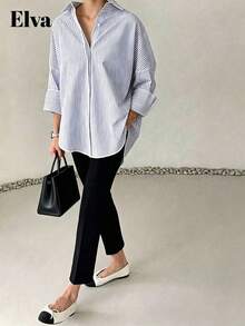 ELVA 女款藍色條紋長袖寬鬆上班襯衫，女款工作上衣，情人節、秋季、返校季 - 藍色 - 查看 5