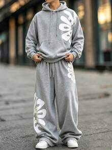 HEYKESON Men's Letter Print Hoodie & Wide Leg Sweatpants 2 Pieces Loose Streetwear Sports Set - Light Grey - View 4