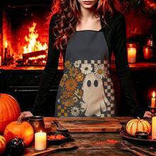 1pc Halloween Daisy Ghost Print Apron, Featuring Checkerboard Daisy Ghost Pattern, Durable Cooking Apron Suitable For Bakers, Cake Decorators, BBQ Enthusiasts, Gardeners, Painters, Nail Artists - Perfect Gift For Home And Professional Chefs - Multicolor - View 2