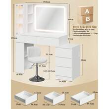 Devoko Vanity Table With LED Mirror, Dressing Table With 5 Drawers, 3 Illuminated Display Cabinets, Open Shelves, Bag Storage, Power Panel, And Selectable Chair Combination, White - 查看 11