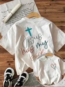 Oversized Crew Neck T-Shirt For Women, Dual-Sided Cross Hand Lettering Graphic, Comfort Everyday Casual Wear, Fast Local Warehouse Delivery - 白色 - 查看 2