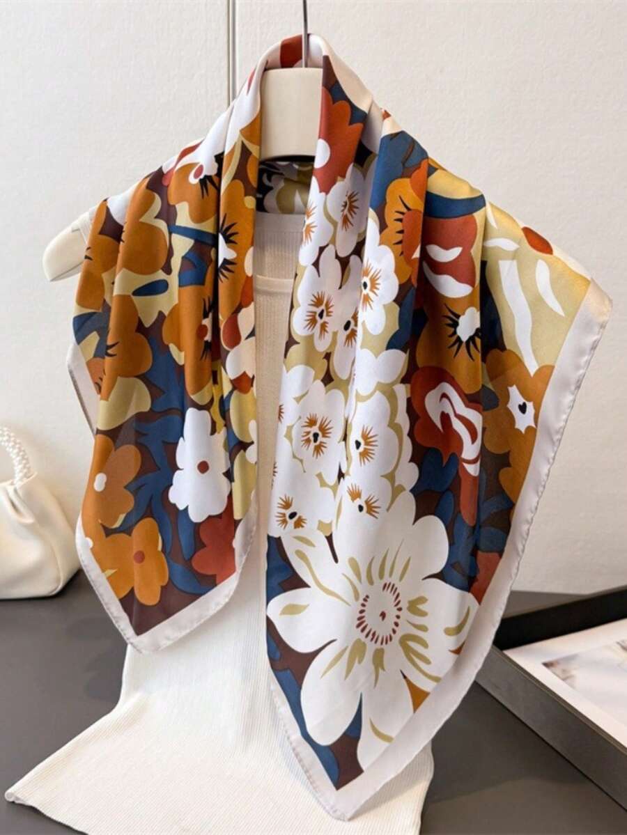 1件仿絲綢佩斯利花紋印花小方巾,中性防曬圍巾,多功能頭巾,裝飾性頸巾 - 棕色 - 查看 1