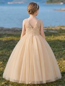 Tween Girl Champagne Color Flower Girl Dress With Open Back For Wedding - Champagne - View 9