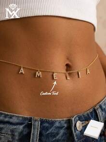 1pc Minimalist Cubic Zirconia Gold Letter Waist Chain, Customized Simple Letter Name Waist Chain, Copper Letter Waist Chain, Fashion Gift For Mother, Friend - Golden - View 2