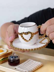 European Luxury White Ceramic Espresso Cup & Saucer Set, 100ml Small Capacity Gold Bead Handle Hollow Heart Design Mini Italian Coffee Cup, Elegant Afternoon Tea Tableware, Gift Choice For Women - Multicolor - View 7