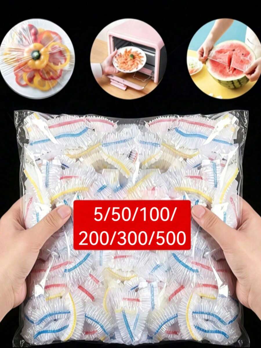 500/300/200/100片食品保鮮膜，可用於保持剩餘食物新鮮，具彈性與自封口設計，適合覆蓋碗盤，家用