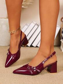Women's Elegant Chunky Heel Banquet Shoes, Wedding Shoes For Brides, Suitable For Cheongsam And Formal Dresses, All-Season Bridal Shoes, Fashion Bridesmaid Shoes, Mid-Heel Low Vamp Pointed-Toe High Heel Pumps - Burgundy - View 4