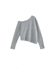 Korean Style Slouchy Vibe Off-Shoulder Cold Shoulder Asymmetrical Design Knit Top Loose Fit Atmospheric Elegant Casual Versatile Autumn/Winter Women's Sweater - Grey - View 4