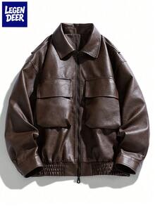 Men's PU Leather Jacket, Casual Loose Fit Motorcycle Jacket With Lapel Collar, Spring/Autumn - Coffee Brown - View 1