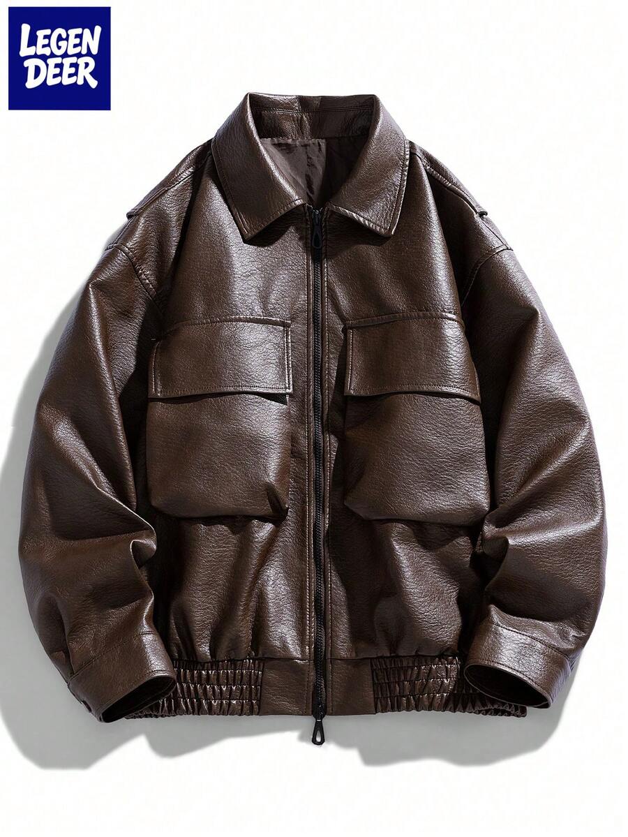 Men's PU Leather Jacket, Casual Loose Fit Motorcycle Jacket With Lapel Collar, Spring/Autumn - Coffee Brown - View 1