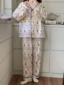 2pcs/Set Women's Pajamas Spring/Autumn Long Sleeve Long Pants Skin-Friendly Homewear Cute Puppy Print Open Front Set - Multicolor - View 4