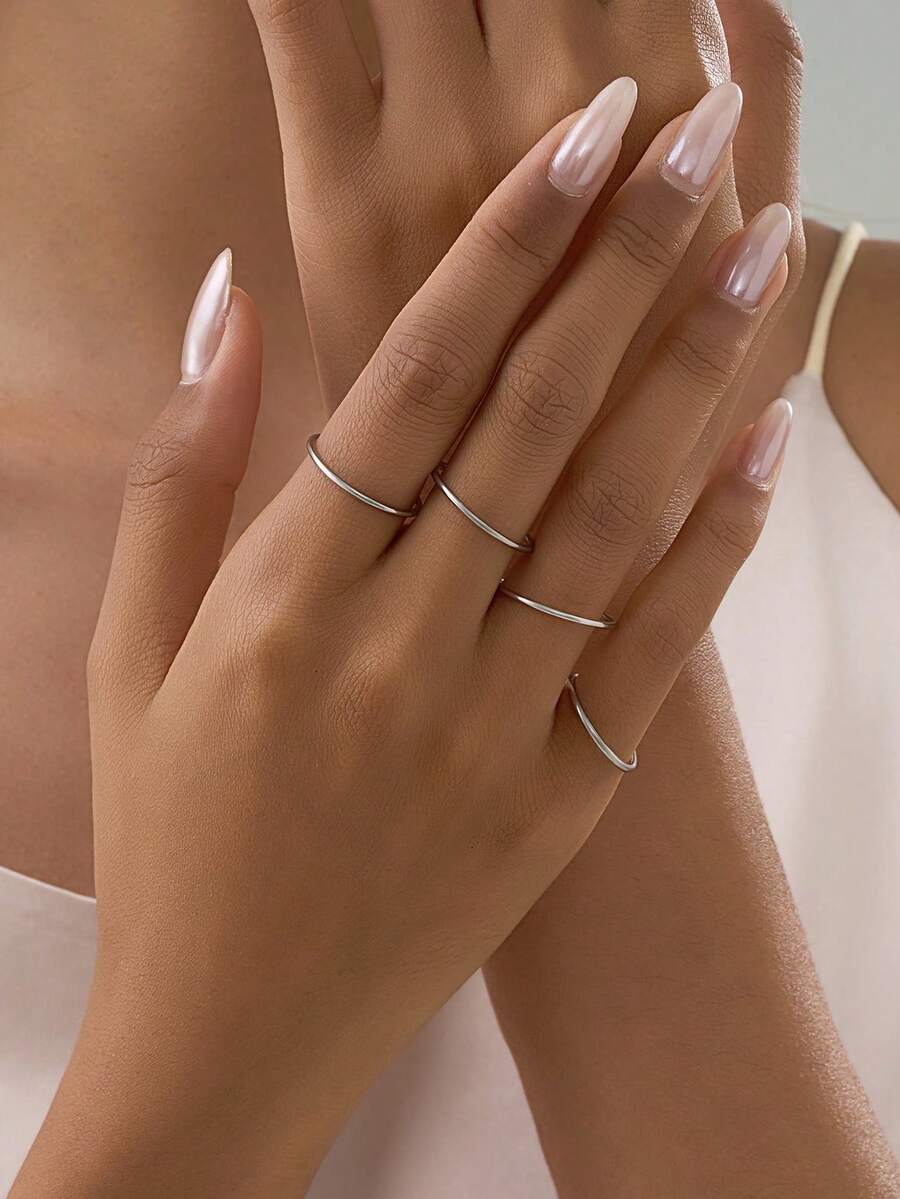 Tkool 4pcs Minimalist Stainless Steel Polished Plain Band Knuckle Rings Set For Women - Silver - View 1