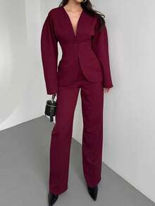 Women's Elegant Suit Jacket And Pants Set, Slim Fit V-Neck Petal Sleeve Single Button Blazer, Solid Color Straight Leg Pants, Casual Button - Burgundy - View 7