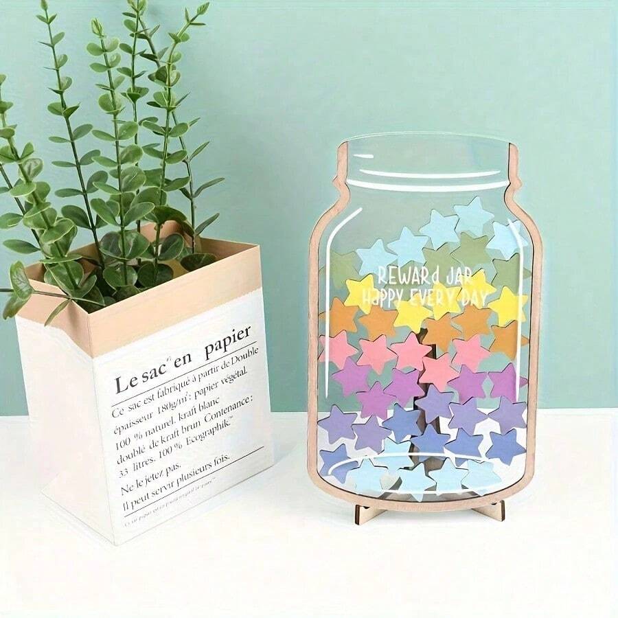 Wooden Reward Jar, 45 Stars And Flowers, Hollow Positive Reinforcement Behavior Chart Base Management Tool Decorative Reward System, Suitable For Teachers School Classroom Supplies, School Supplies, Back To School, Home Decor, Party Decor - Multicolor - View 1