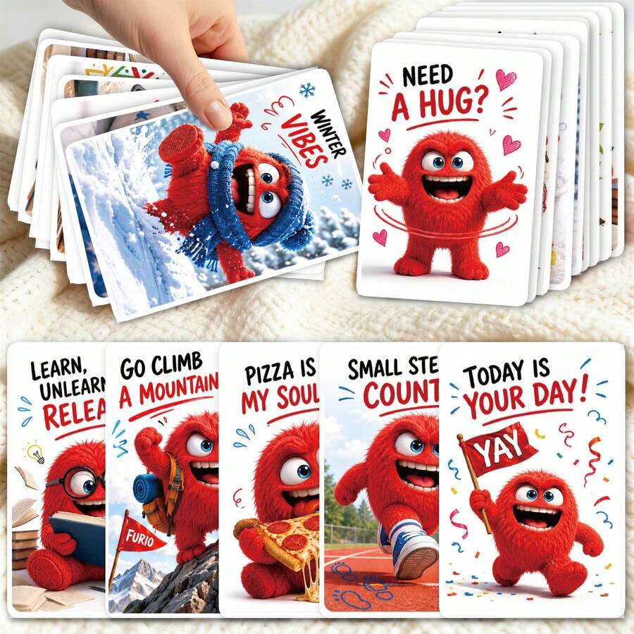 36Pcs Red Fluff Monster Positive Affirmation Cards, Inspirational Mood & Encouragement Quote Cards, Funny Fluffy Monster Self Care Cards - Sets - View 1