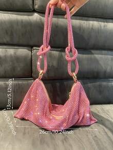 Dedoo Crescent-Shaped Shoulder Handbag, Fully Rhinestone Decorated, Adjustable Rhinestone Strap With Knot Detail, Eye-Catching Bag For Women's Evening Party And Nightclub Occasions - Pink - View 7