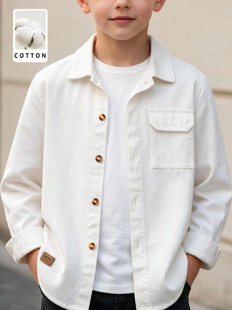 青少年男孩白色純棉長袖襯衫外套,前開扣翻蓋口袋上衣,適合返校、日常穿著、旅行與秋季 - 白色 - 查看 1