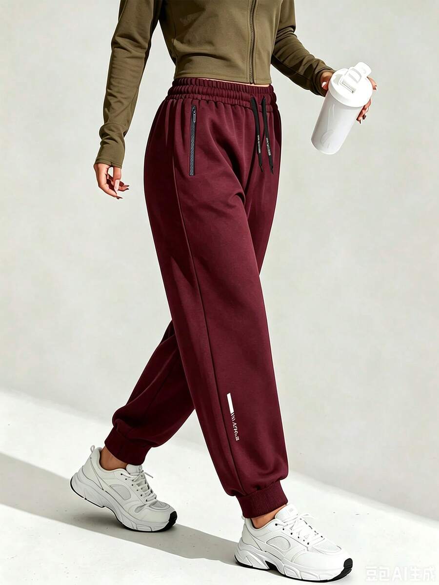 Women's Sports Pants, Minimalist Front Drawstring Loose Cuffed Joggers, Jogging, Walking, Outdoor Long Pants, Spring/Autumn Daily Casual Wear, Red - Red - View 1