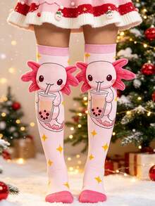 1 Pair Cute 3D Salamander Knee-High Socks For Kids, Fun Cartoon Long Socks, Girls Back To School Autumn, Halloween, Thanksgiving, Christmas Children's Gift - Multicolor - View 3