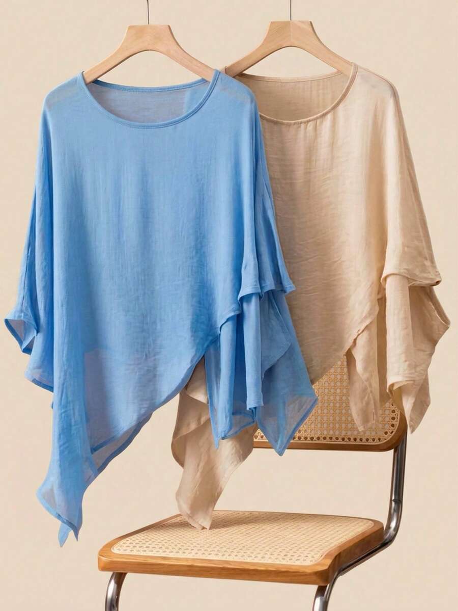1pc Designer Style Asymmetrical Hem Solid Color Pullover Poncho - Navy Blue - View 1