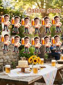 8/16/24pcs Customized Photo Beer Banner Bunting, Personalized Face Beer Mug Small Flags, Beer Theme Bachelor Party Banner, Adult Birthday Party Decoration, Backyard BBQ Photography Backdrop, Summer Beach Party Supplies, Personalized Gift - Multicolor - View 2