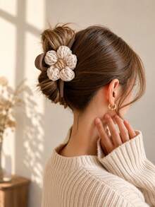 topshiny Large Knitted Flower Hair Claw Clip For Women, Elegant Floral Shark Hair Clip, Cozy Bun Hair Accessory - Multicolor - View 5