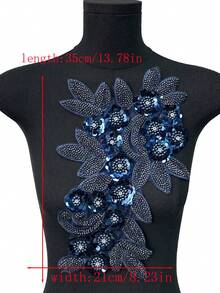 BNH1463 熱銷珠飾與水鑽貼花蕾絲飾邊布料，DIY手工服飾與家居紡織配件，新款3D花卉亮片設計，寬度：21cm - 藏青 - 查看 9