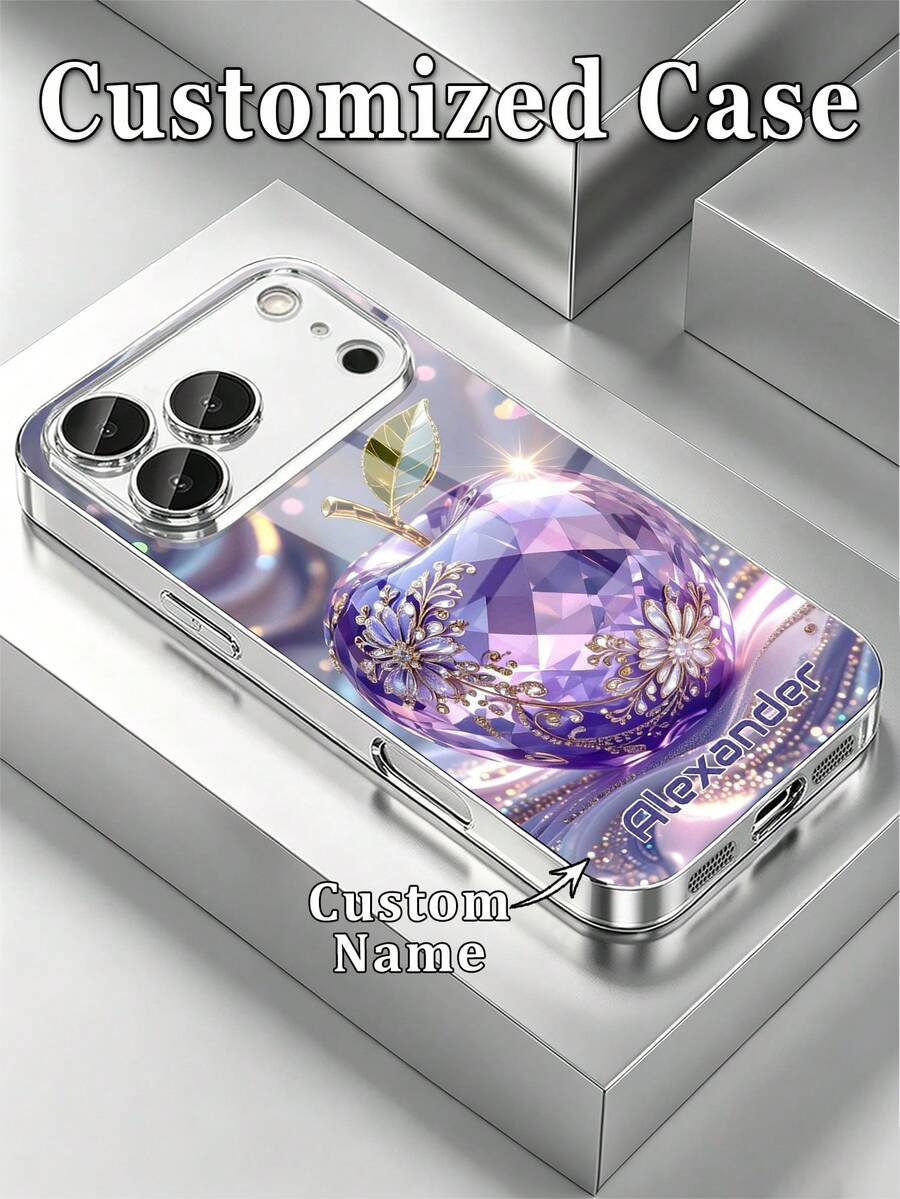 1件 DIY 定製姓名，奢華紫水晶蘋果水鑽花卉圖案電鍍銀框高清晰玻璃手機殼，適用於 Apple Duo/18ProMax/17ProMax/17Air/16ProMax/16e/15Plus/14Pro/13ProMax/12/11/XsMax/8/7/6Plus & S26Ultra/25Plus/24/23/22 & A36/A35/A33/A31/A26/A15/A13/Note20/10Pro & 17ProMax/15/14/13 & Note14Pro/13Pro/11TPro 及其他系列機型 - 彩色 - 查看 1