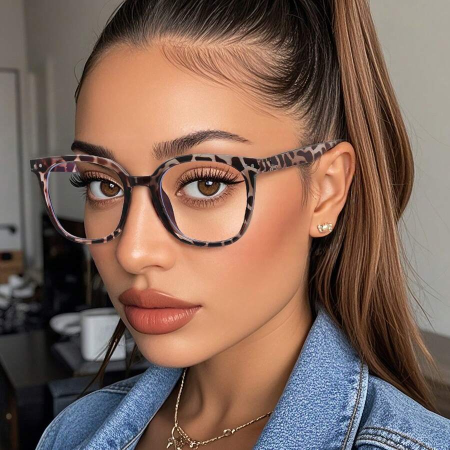 Square Black And Leopard Print Full Frame Glasses, Suitable For Daily Life, Office, Music Festival, Date And All Face Shapes - Multicolor - View 1