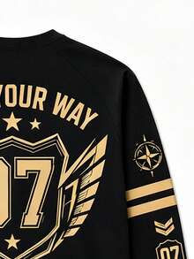 Plus Size Men's Raglan Sleeve Crew Neck T-Shirt With Digital Print Pattern, Long Sleeve, Machine Washable, Suitable For All Seasons - Black - View 5