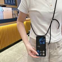1pc Fashion Pure Android TPU Material Adjustable Lanyard + Blue Diagonal Floral Pattern Lens Protection Thick Anti-Fall Anti-Fingerprint Black Diamond Sand Phone Case Compatible With Samsung/Transsion/HONOR/ - Black - View 2