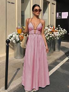 Elegant Sexy Women's Striped Halter Deep V-Neck Sleeveless Cinched Waist Ruched Back A-Line Maxi Dress, Spring/Summer Beach Vacation Party Long Dress - Burgundy - View 11