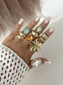 Set de 9 anillos de metal vintage con diseño minimalista francés personalizado, adecuado para fiestas, regalos y uso diario - Multicolor - Ver 3