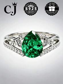 1pc S925 Sterling Silver Vine Design Artificial Emerald Ring, Essential For Daily Wear And Anniversary Gift, Comes With Gift Box - Silver - View 2